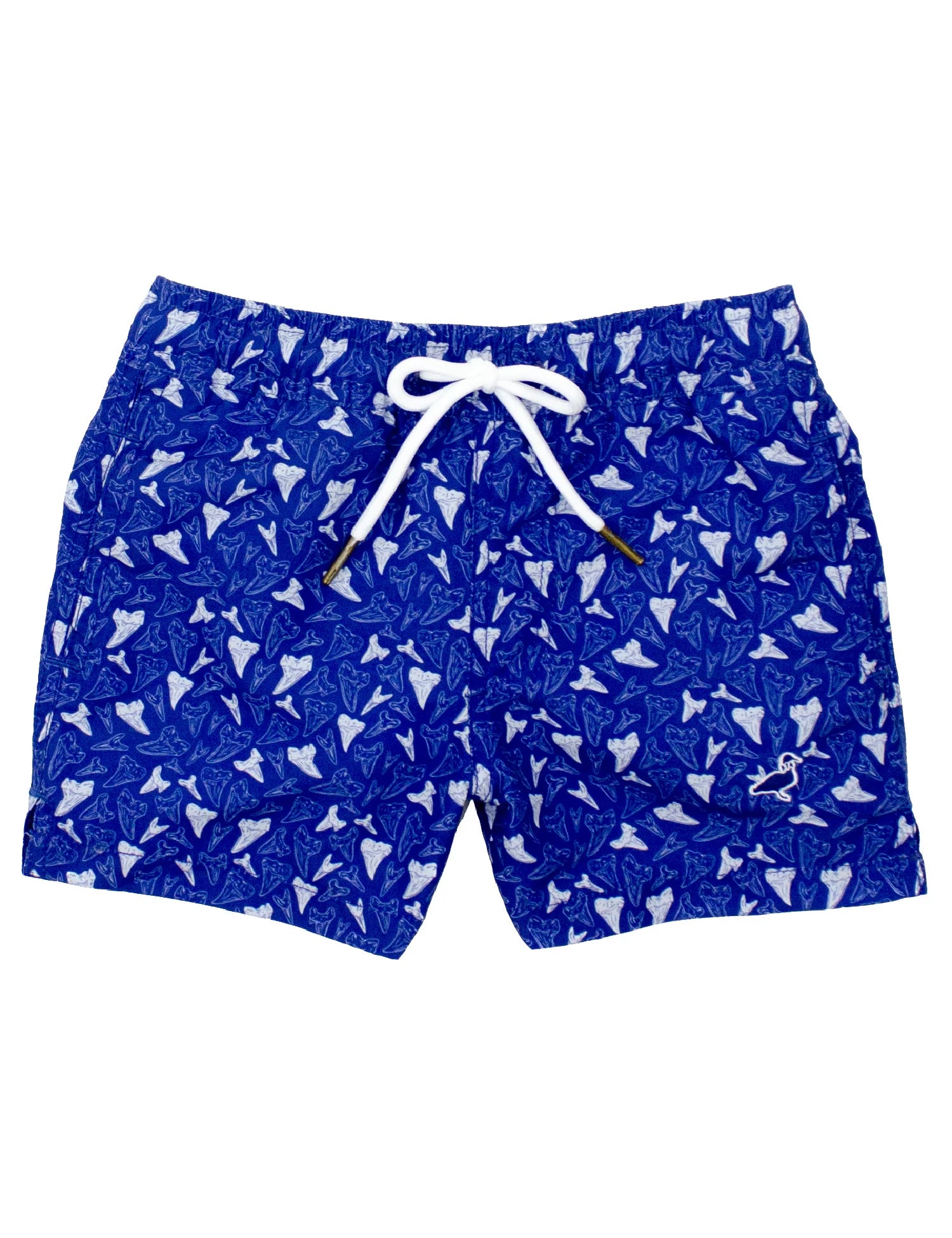 Blue swim shorts with white shark pattern on a white background