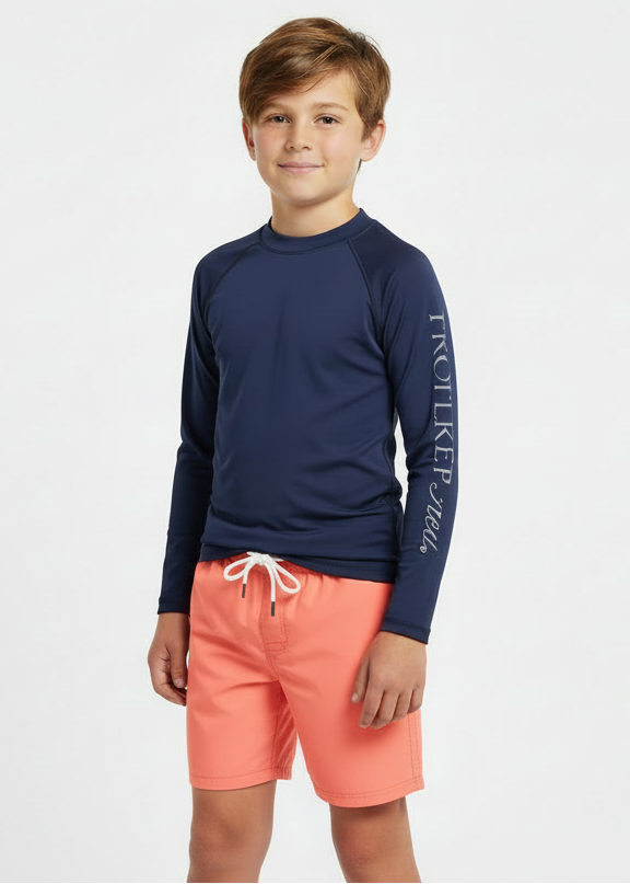 Navy long-sleeved rashguard for boys with a graphic on the sleeve.