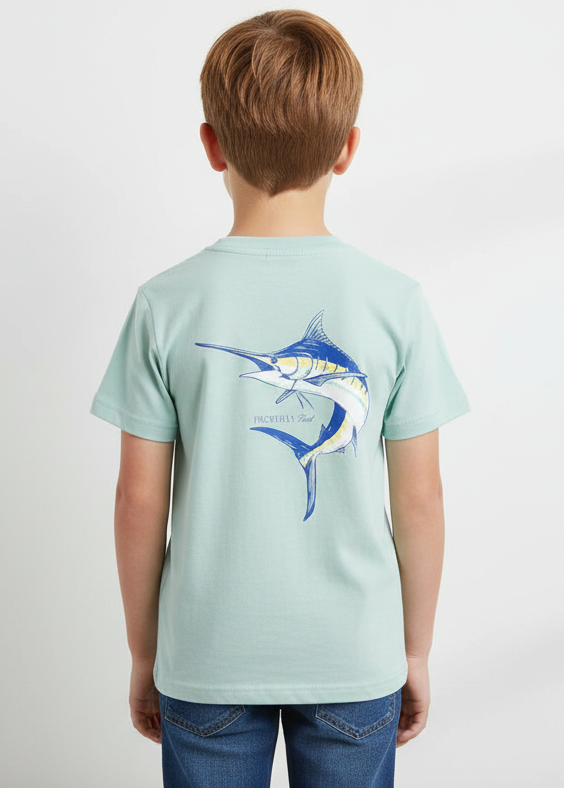 A blue graphic t-shirt with a marlin fish design on the front.
