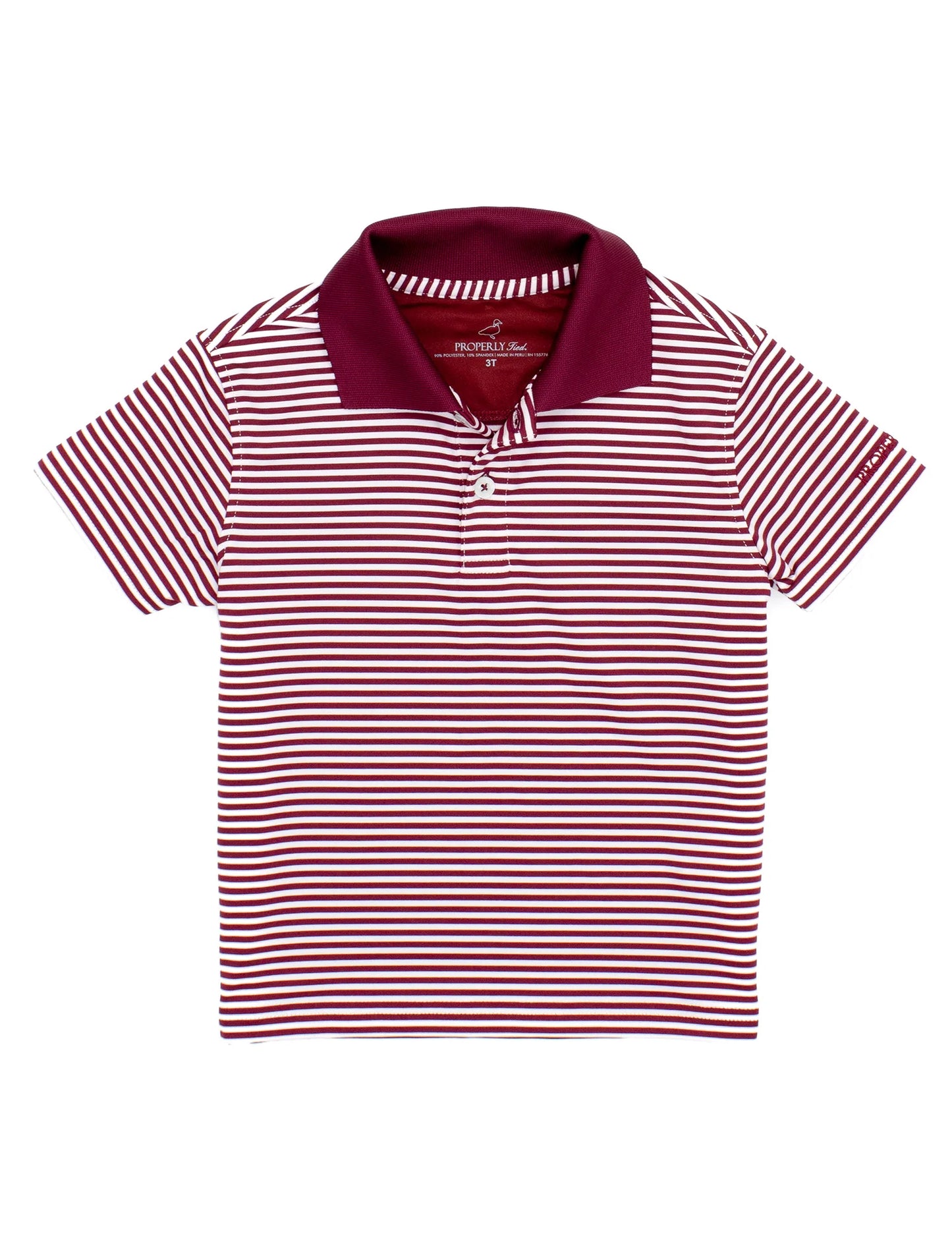 Maroon and white striped polo shirt on a white background