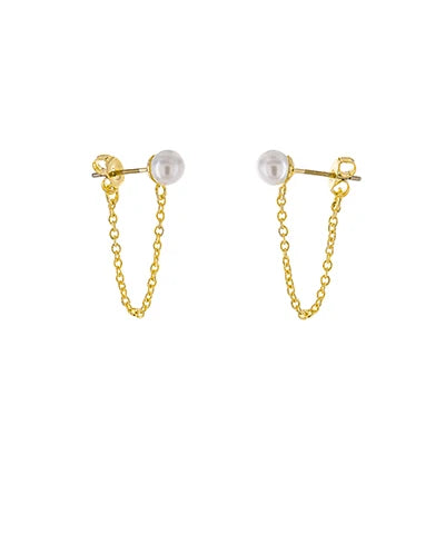 Brass Chain Pearl Post Earrings