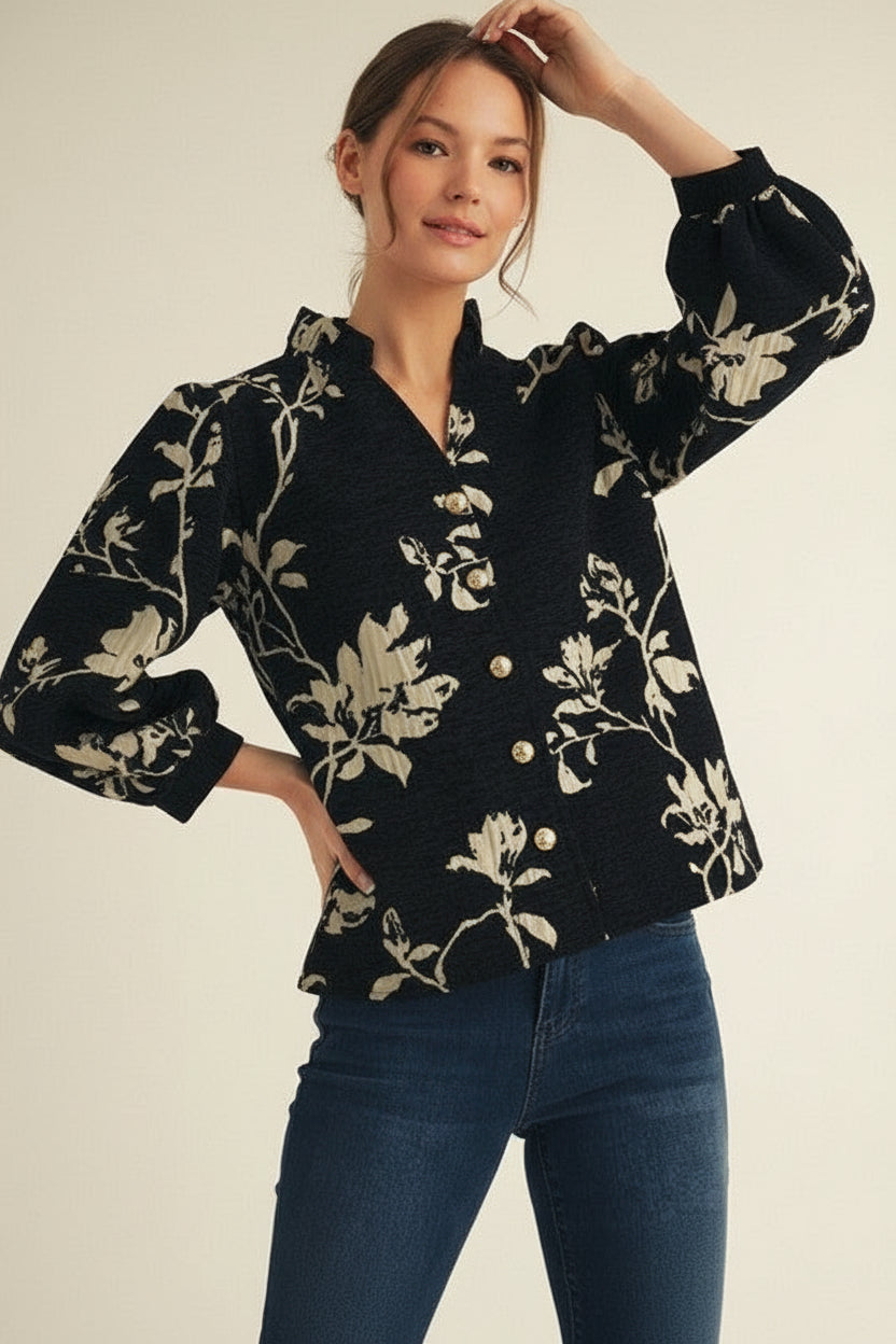 Button Down Floral Jacquard Top