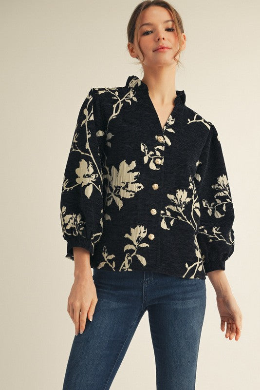 Button Down Floral Jacquard Top