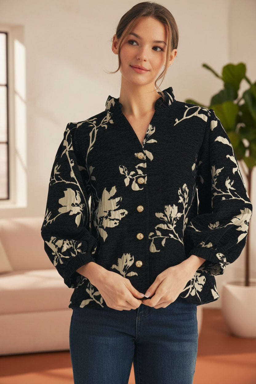 Button Down Floral Jacquard Top