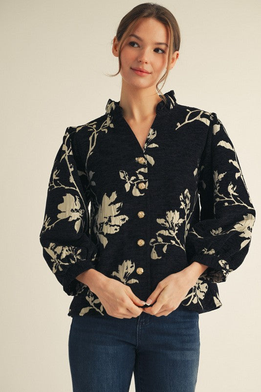 Button Down Floral Jacquard Top
