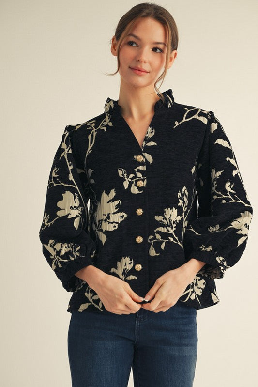 Button Down Floral Jacquard Top