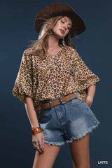 Bubble Sleeved Animal Print Blouse