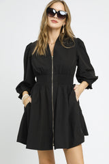 Zip-Front Smocked Waist Mini Dress