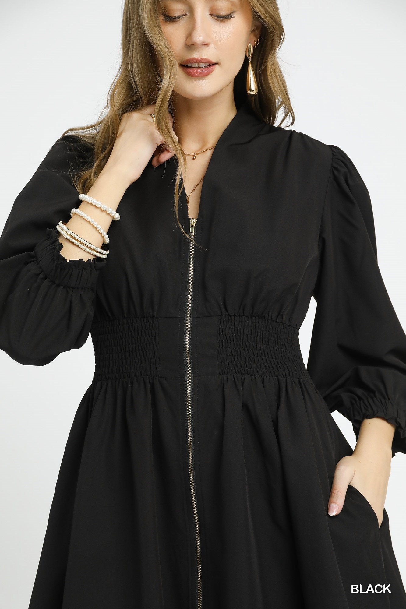 Zip-Front Smocked Waist Mini Dress