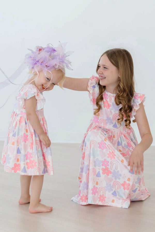 Castles & Rainbows Flutter Sleeve Twirl Dress