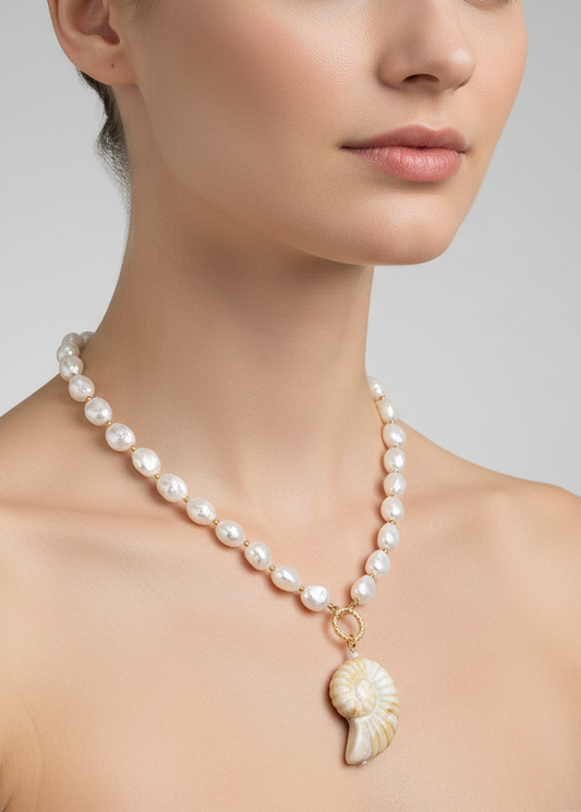 Ceramic Ammonite Pendant Pearl Necklace