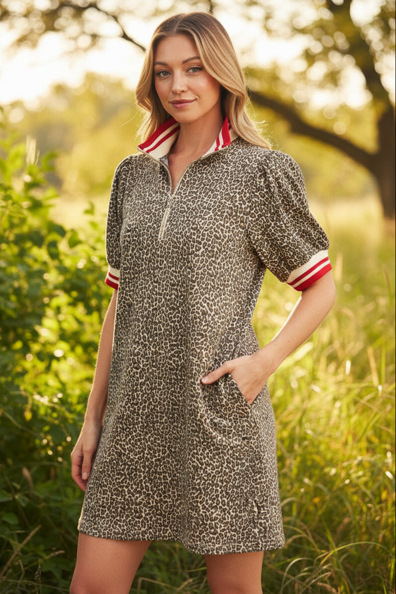 Color Band Accent Leopard Dress