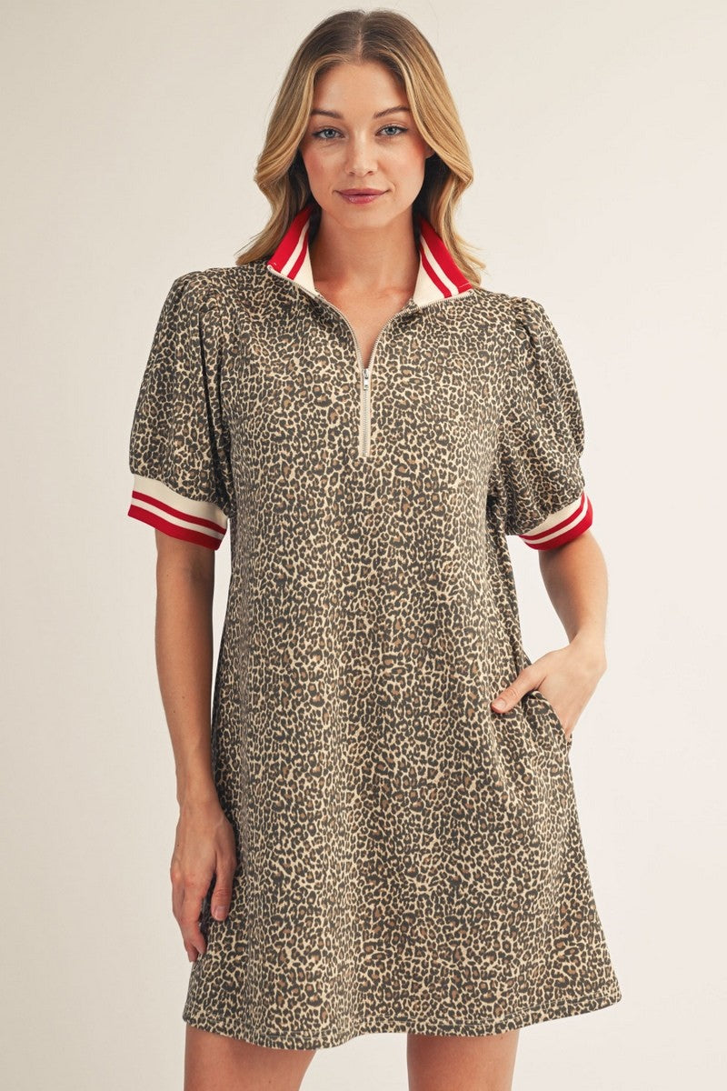 Color Band Accent Leopard Dress