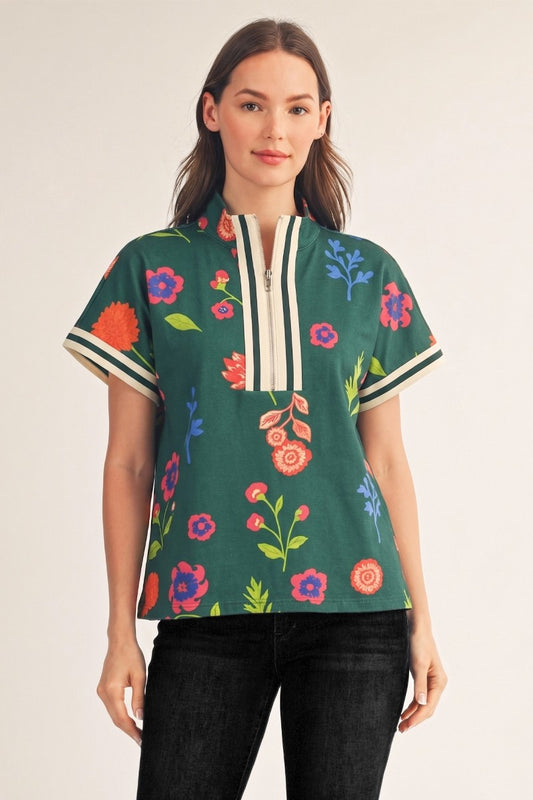 Floral Rib Band Trimmed Zip Up Top