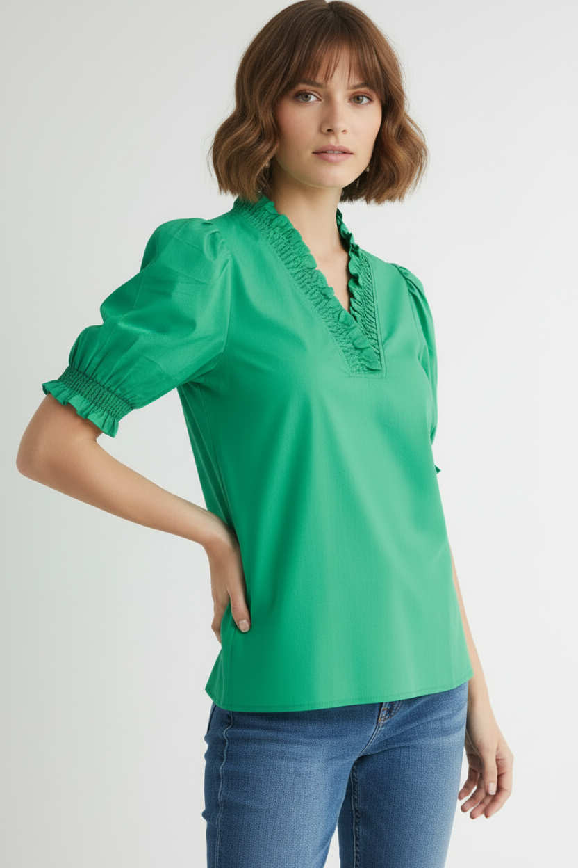 Cotton Poplin V-neck Frilled Top