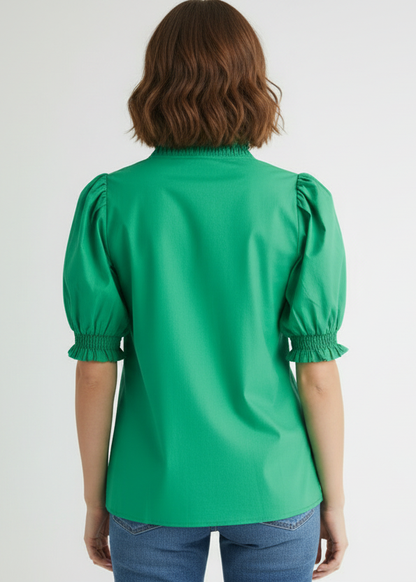 Cotton Poplin V-neck Frilled Top