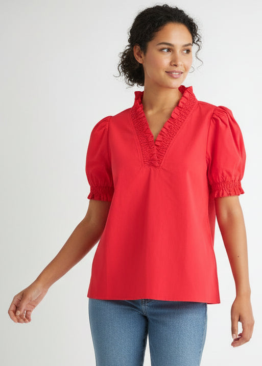 Cotton Poplin V-neck Frilled Top