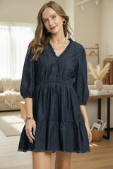 Denim Ruffle Trim Tiered Mini Dress