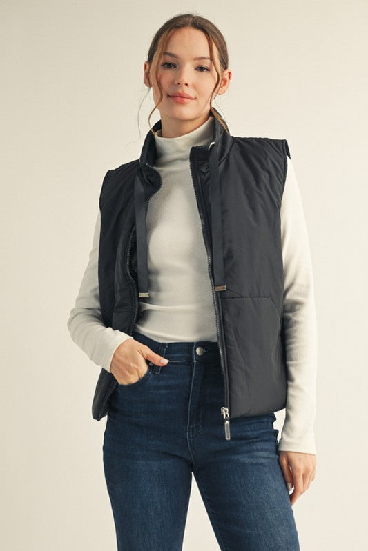 Drawstring High Neck Puffer Vest