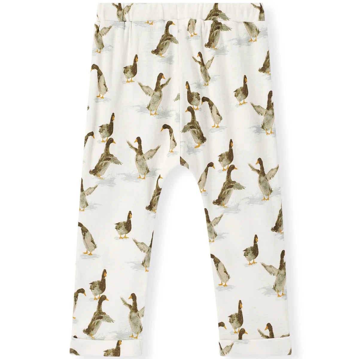 White children's pants with an all-over print of ducks in brown, gray, and black tones, shown flat against a white background.