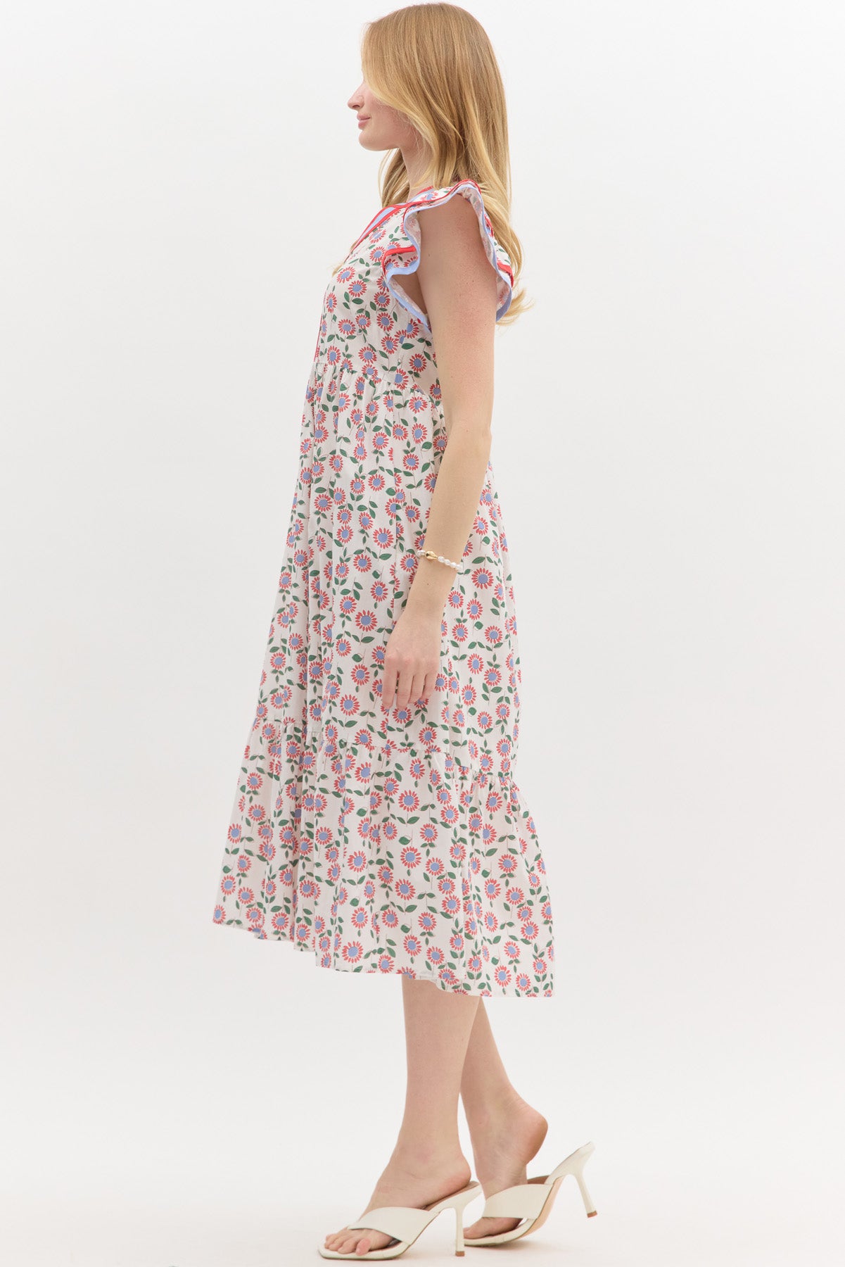 Floral V Neck Ruffle Sleeve Midi Dress