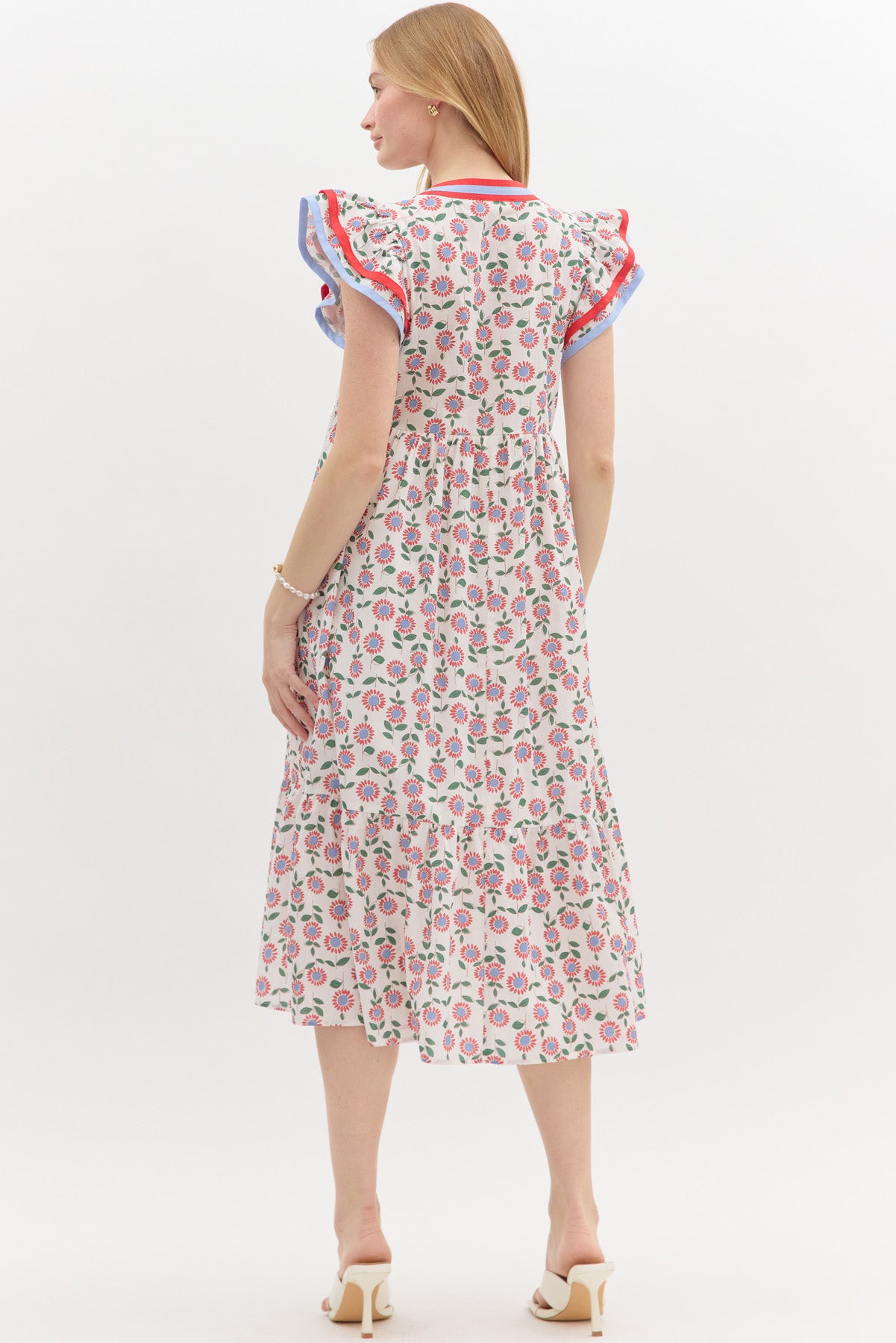 Floral V Neck Ruffle Sleeve Midi Dress