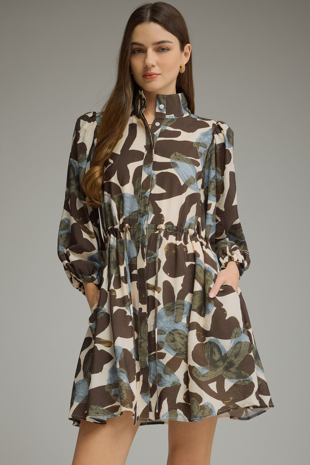 Balloon Sleeve Dress w/ Drawstring Waist