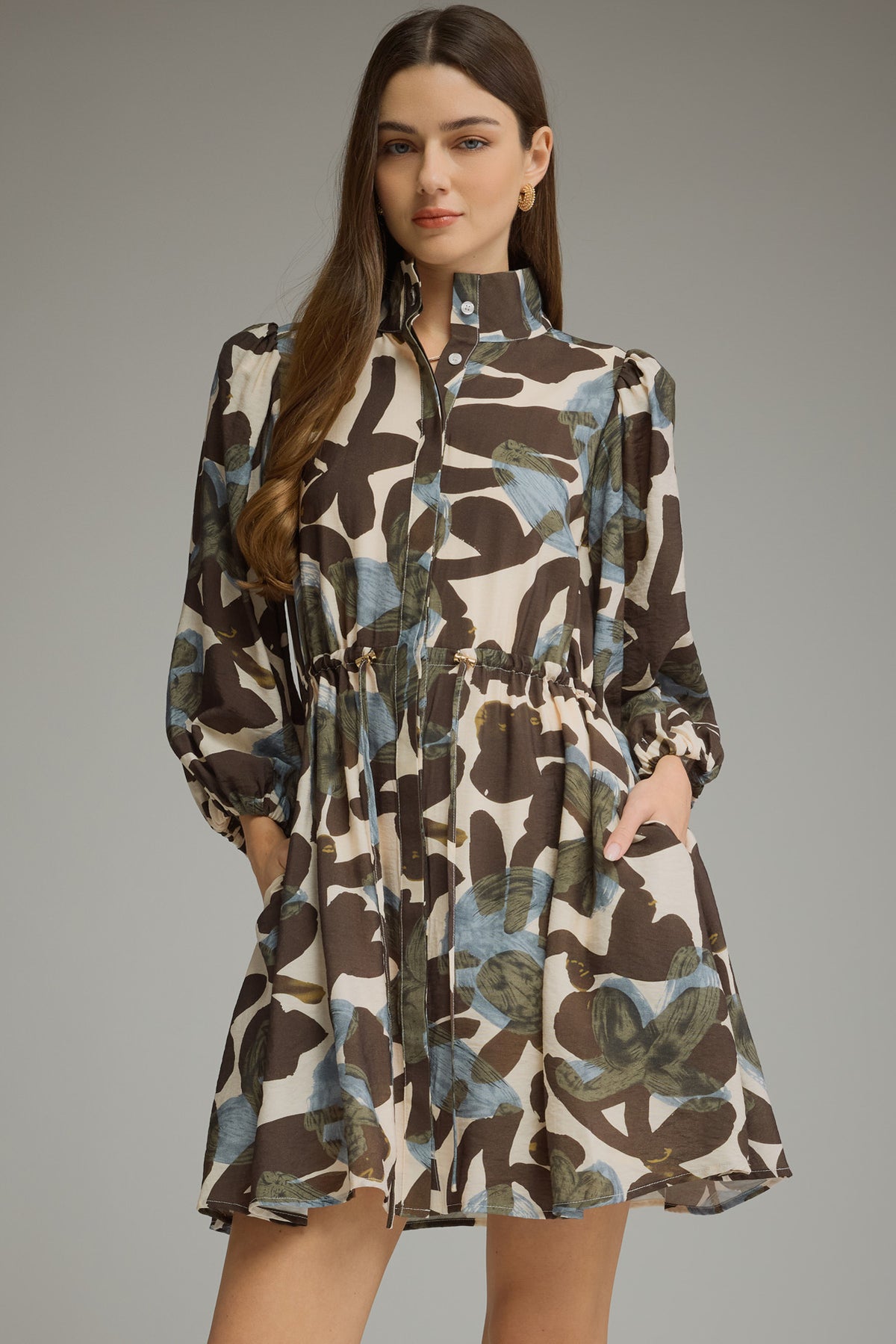 Balloon Sleeve Dress w/ Drawstring Waist