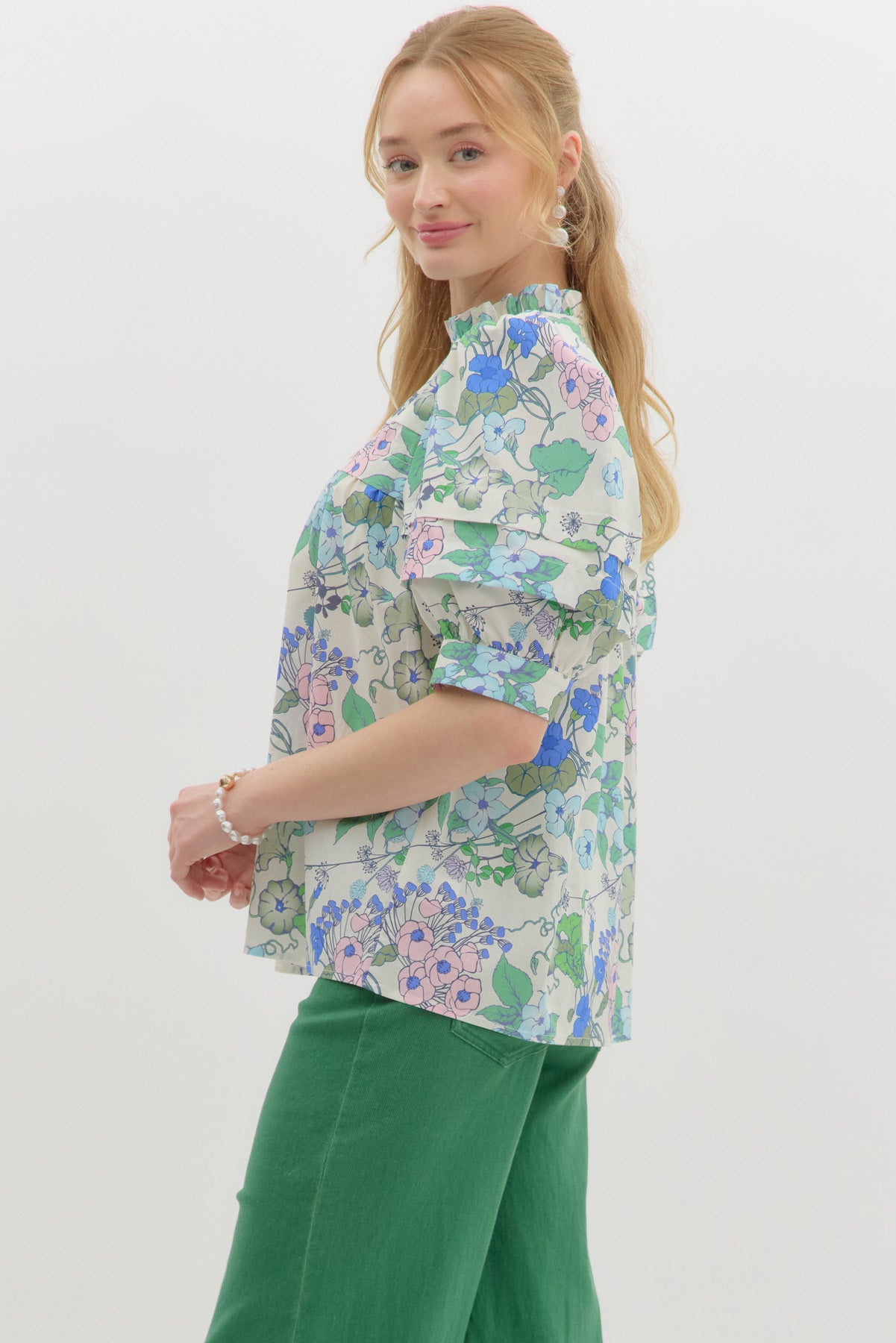 Floral Pastel Pleated Front Top