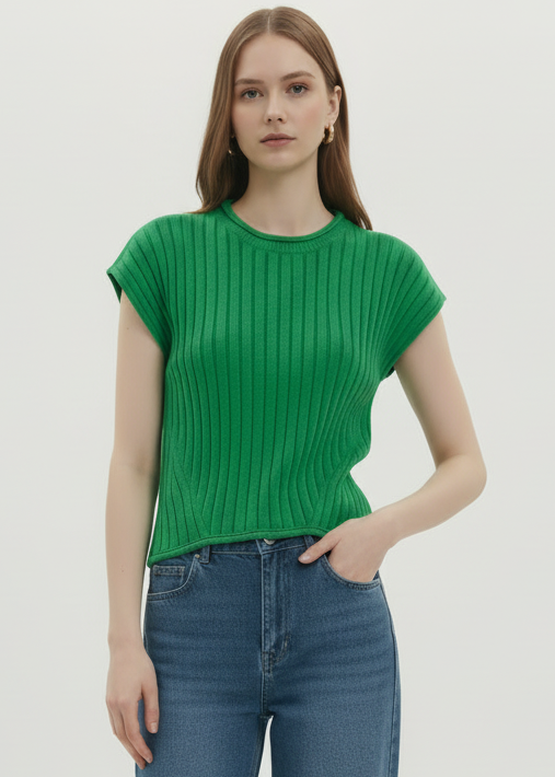 Woman wearing a green ribbed top and blue jeans on a plain background