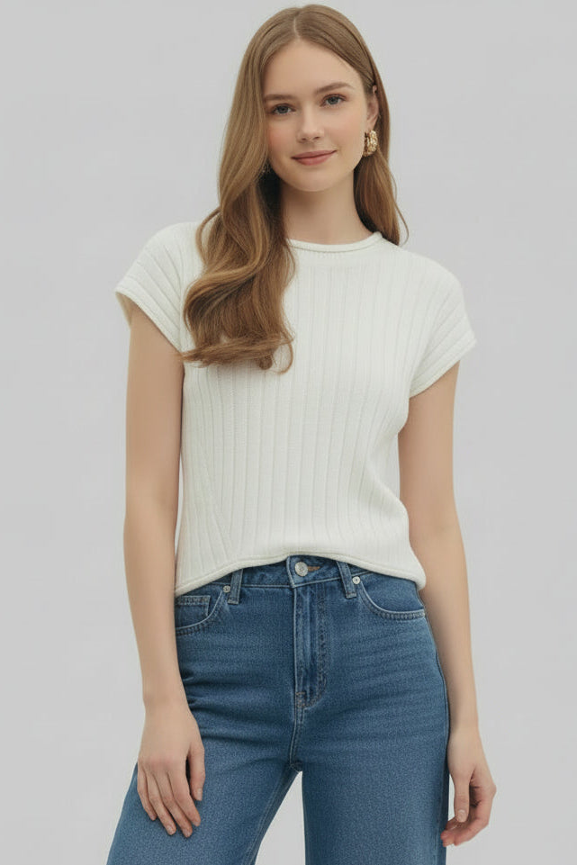 Kylie Ribbed Knit Top Off White