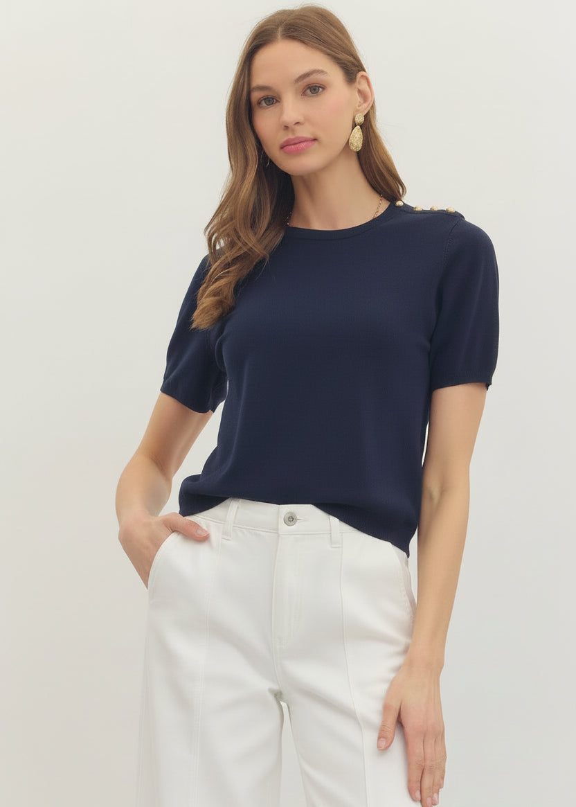 Navy Knit Top Gold Button Detail
