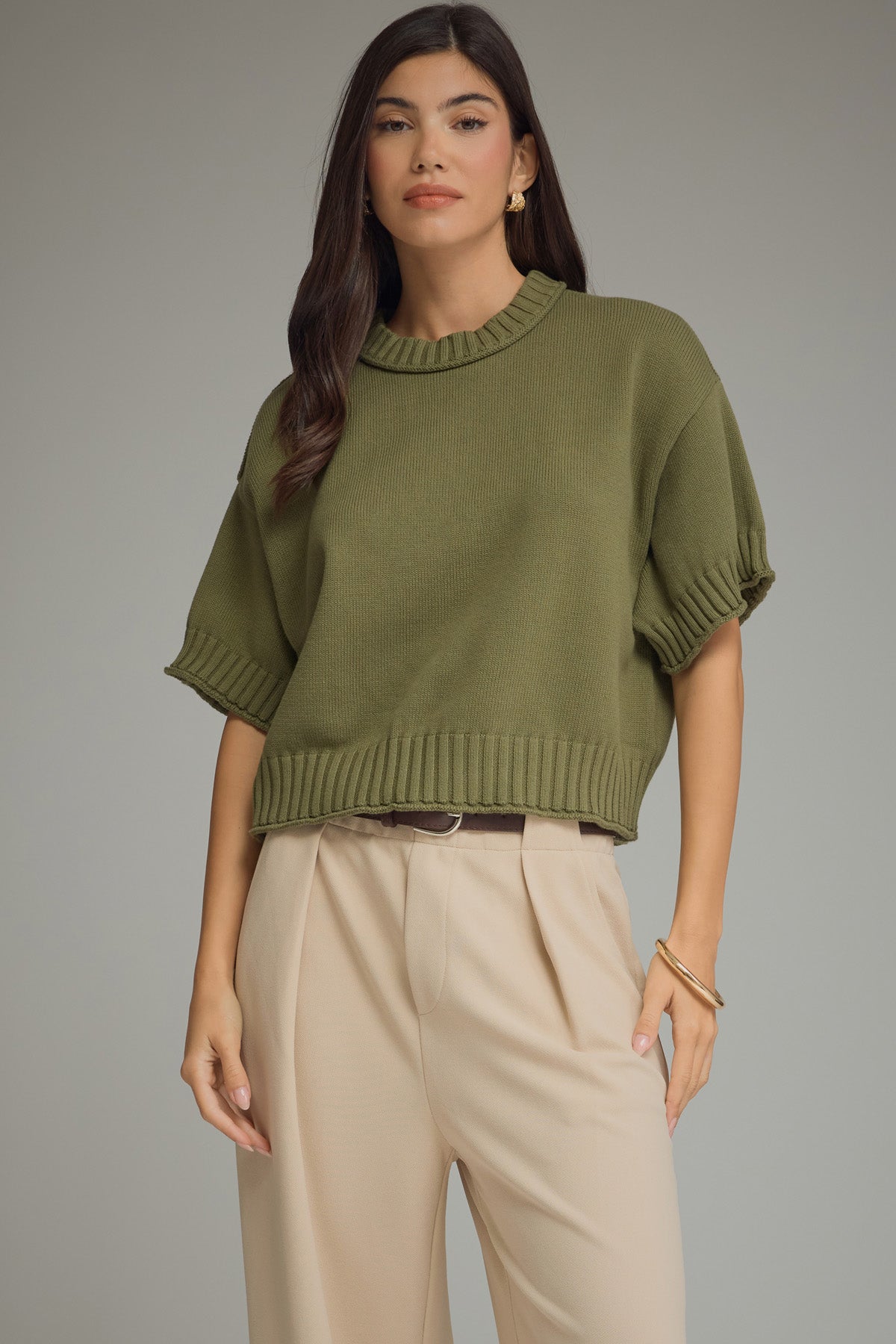 Ribbed Trim Detail Sweater Olive