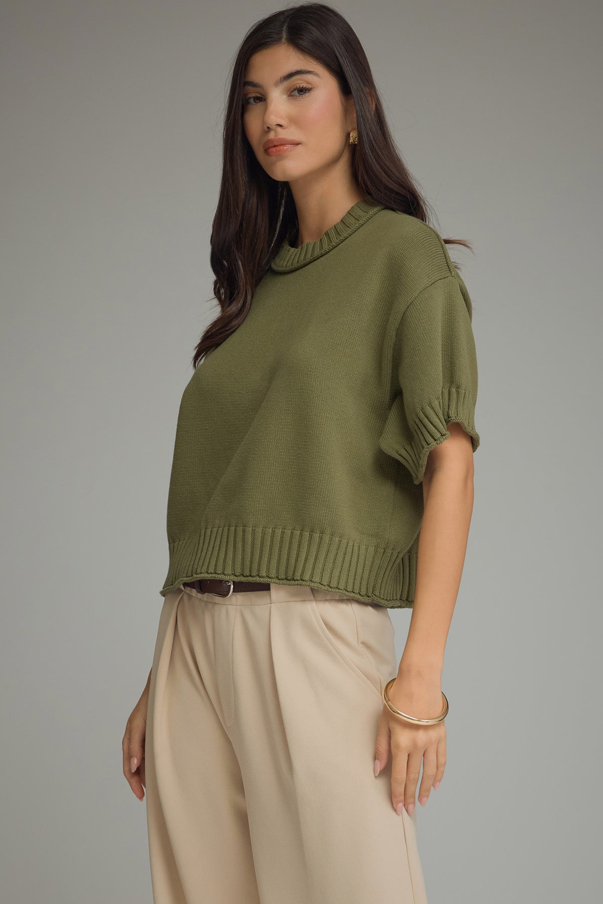 Ribbed Trim Detail Sweater Olive