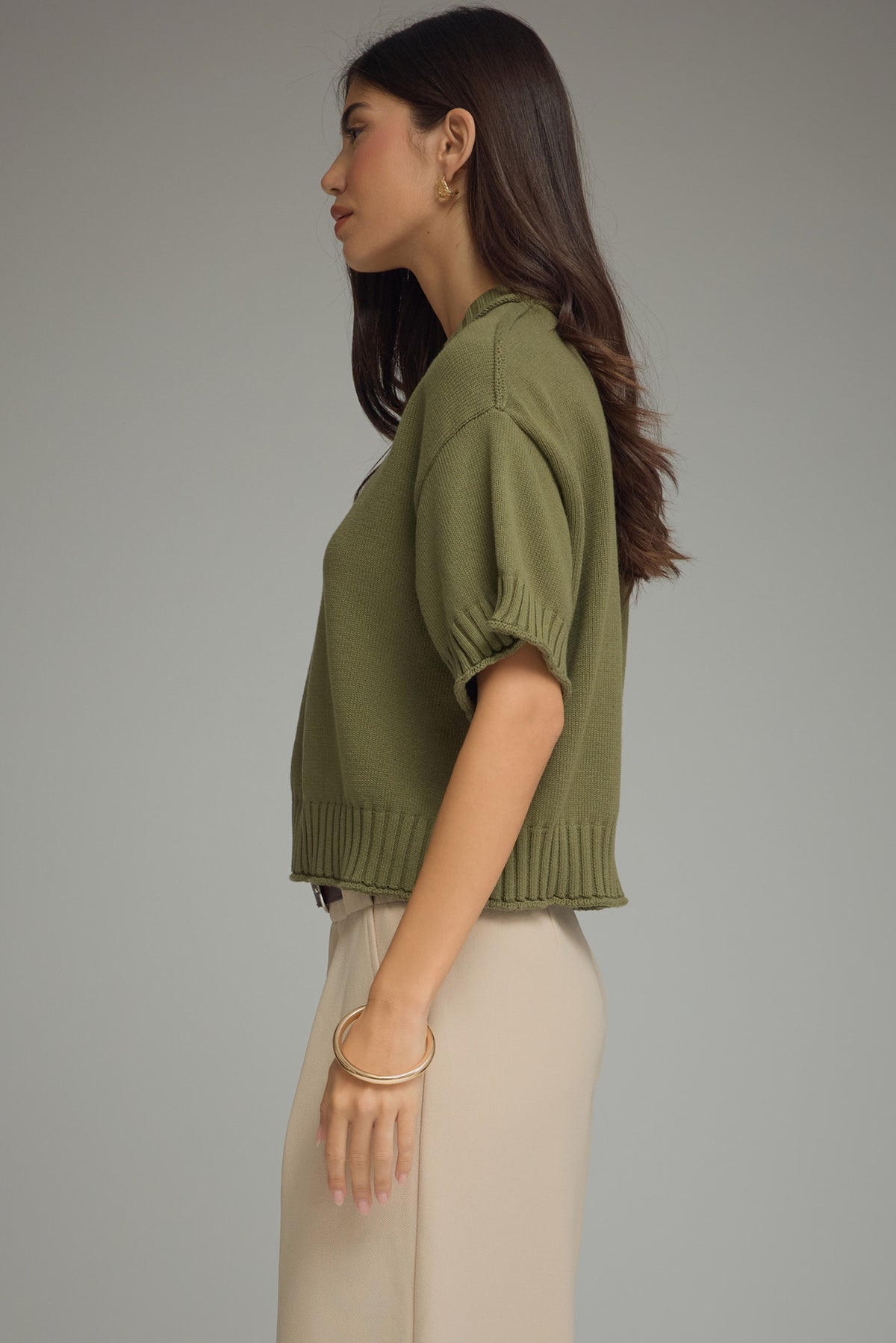 Ribbed Trim Detail Sweater Olive
