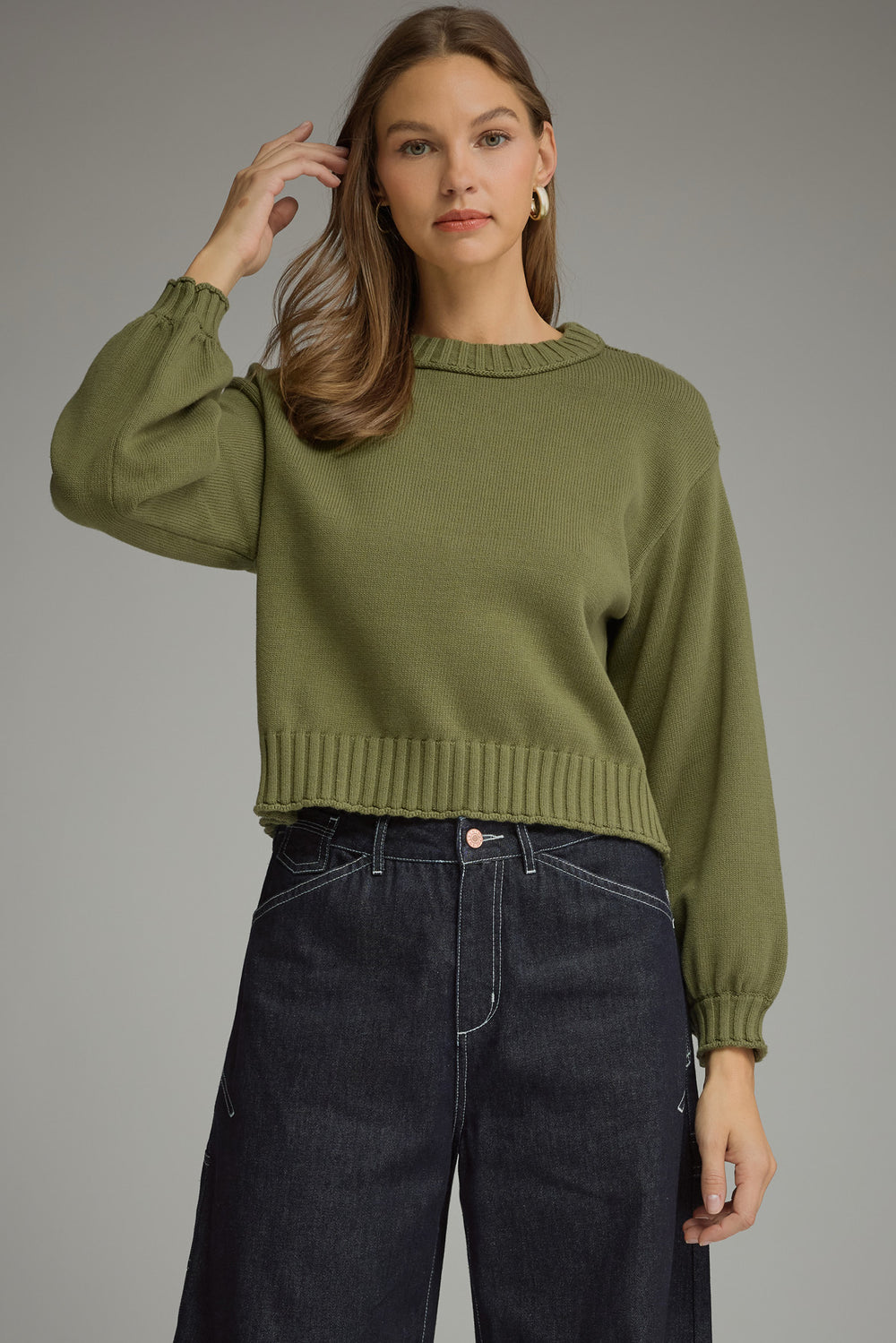 LS Ribbed Trim Detail Sweater Olive