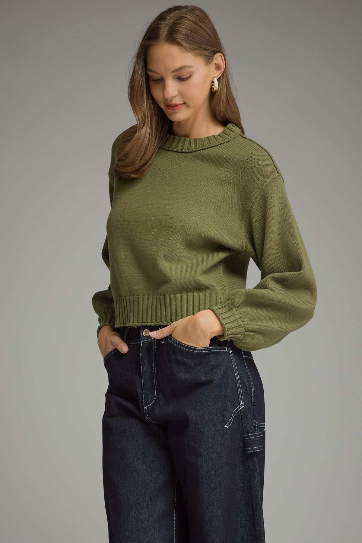 LS Ribbed Trim Detail Sweater Olive