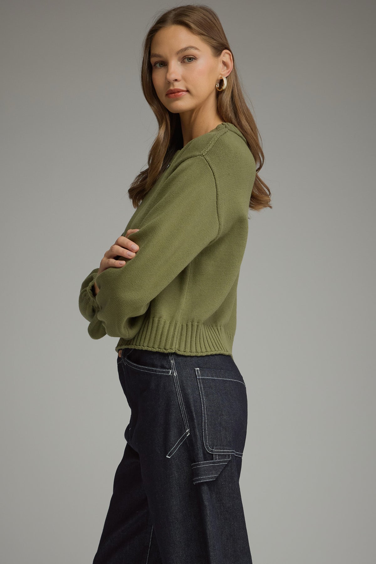 LS Ribbed Trim Detail Sweater Olive