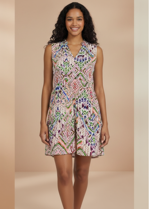 Woman wearing a colorful patterned dress against a beige background