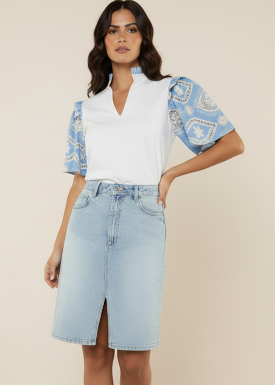 THML Embroidered Sleeve Poplin Top