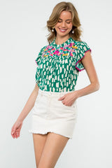 THML Embroidered Flutter Sleeve Print Top