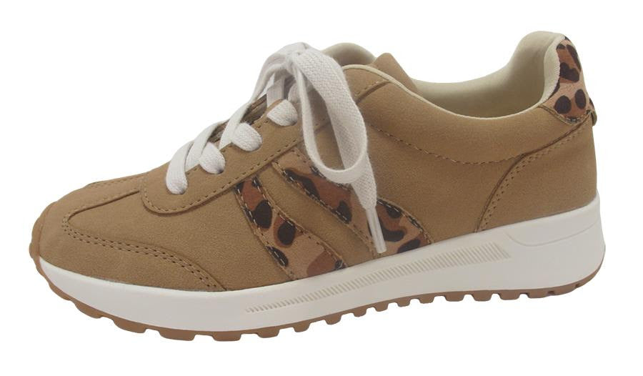 A low-top sneaker in tan suede and faux-leather with brown and black leopard-print panels, white laces, and a white midsole.