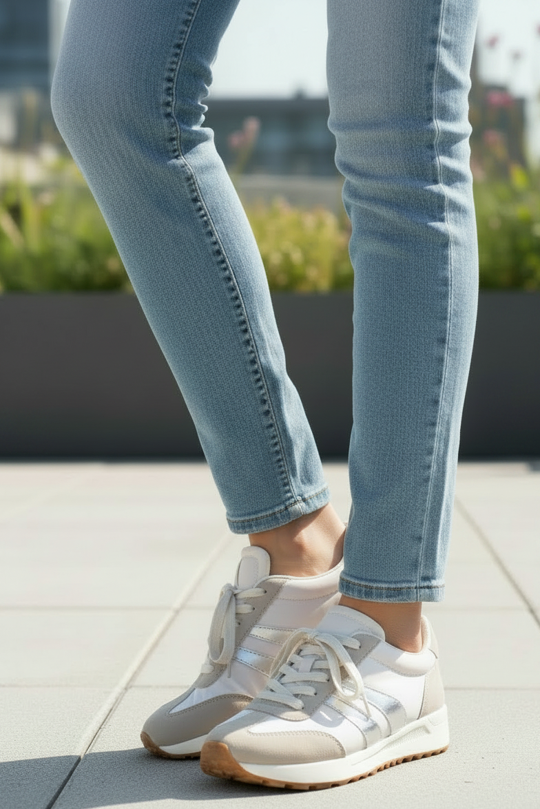 A person wearing light blue cuffed jeans and off-white sneakers with beige and gray panels, standing on a paved outdoor walkway.