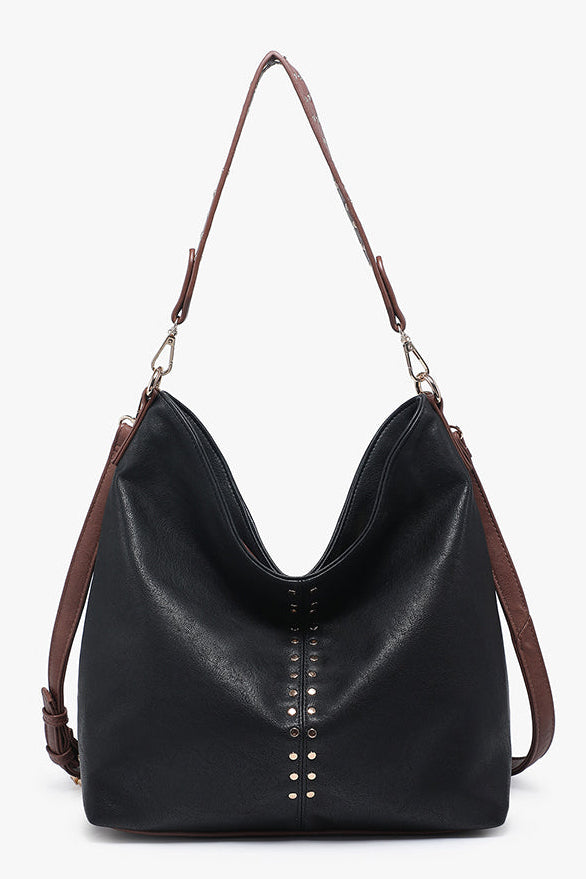 A black leather slouchy shoulder bag with brown leather straps and gold-tone studs, shown against a plain white background.
