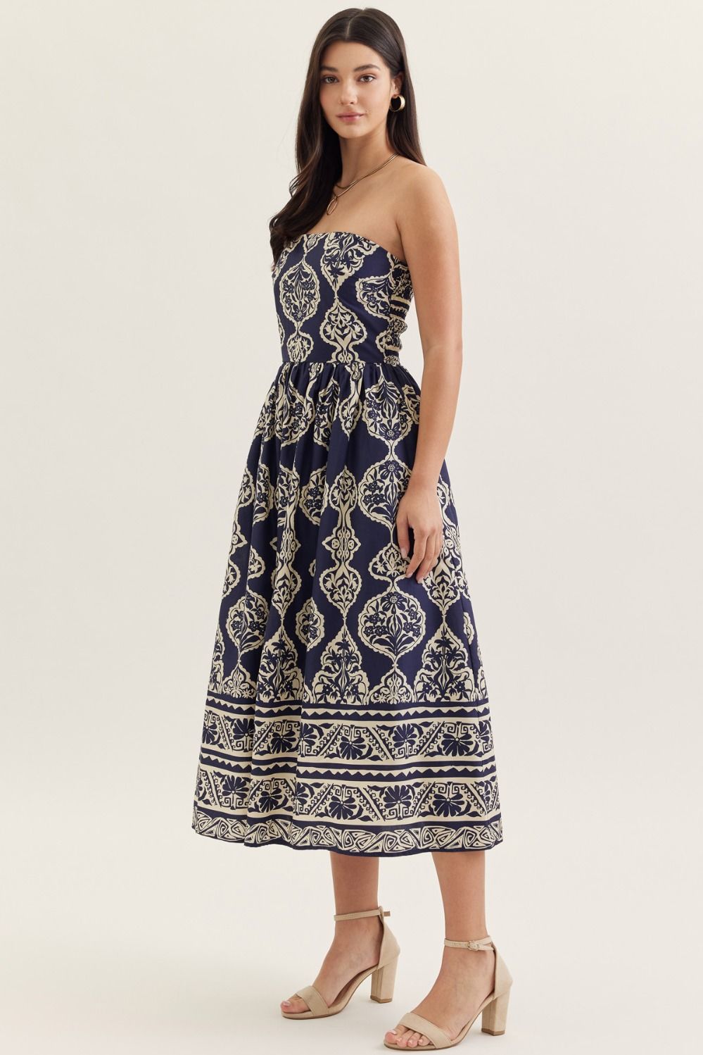 Navy Print Strapless Midi Dress
