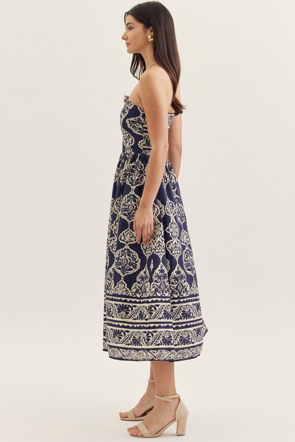 Navy Print Strapless Midi Dress