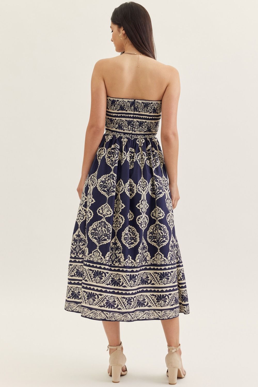 Navy Print Strapless Midi Dress