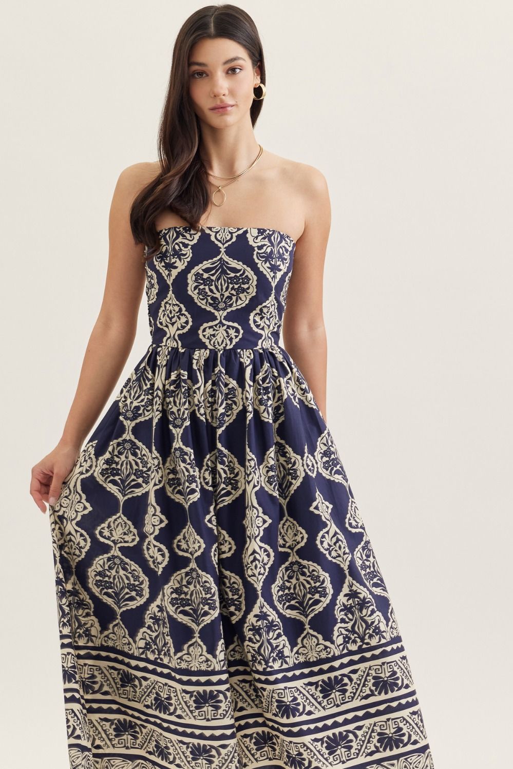 Navy Print Strapless Midi Dress