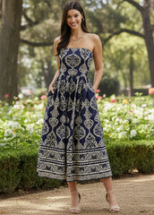 Navy Print Strapless Midi Dress