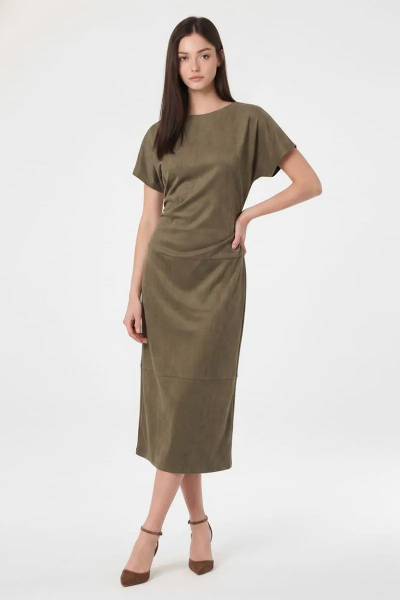 Faux Suede Drape Neck Midi Dress